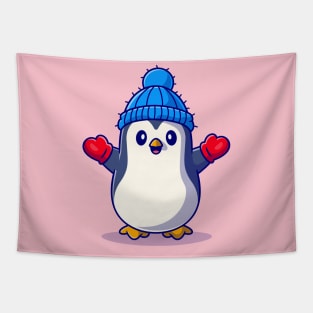 Cute Penguin Wearing Glove and hat Cartoon Tapestry