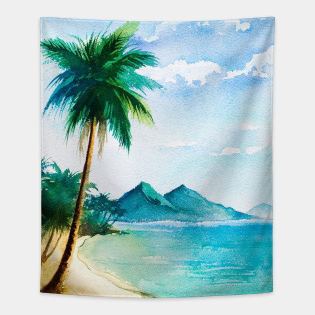 Watercolor Tropical Beach Scene With Palm Trees Beach Scene With