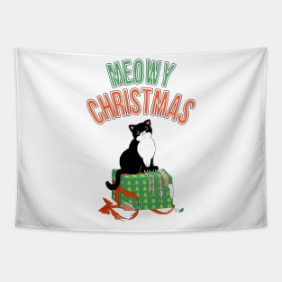 Meowy Christmas Tuxedo Cat Clawed Present xmas gift Tapestry