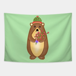 Cute groundhog with flowers bouquet. Tapestry