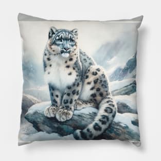 Mountain Mystic: Elusive Snow Leopard Watercolor Pillow