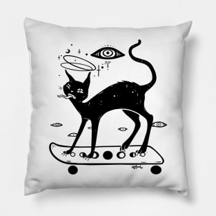 Black Cat On Skateboard Pillow