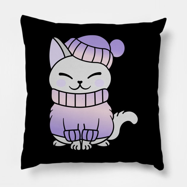 Cute Cozy Colorful Snow Winter Cat Kitty Pillow by Cute Cat Designs