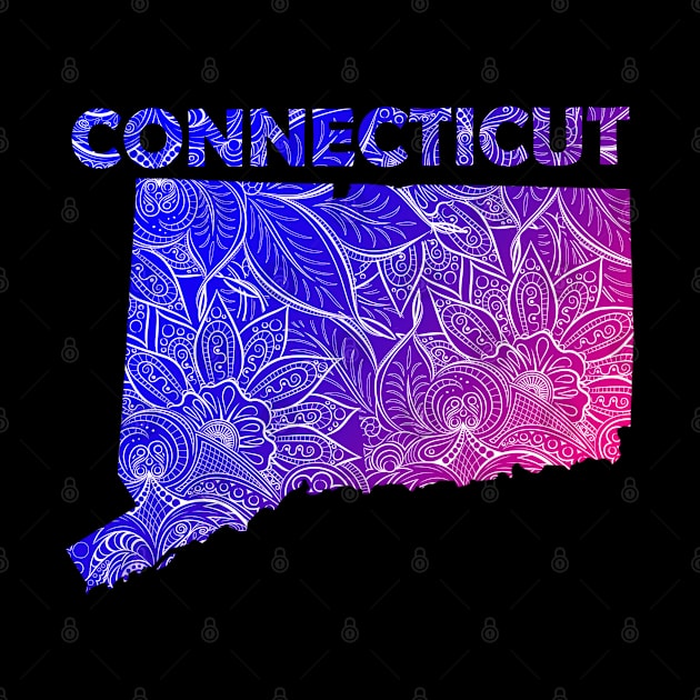 Colorful mandala art map of Connecticut with text in blue and violet by Happy Citizen