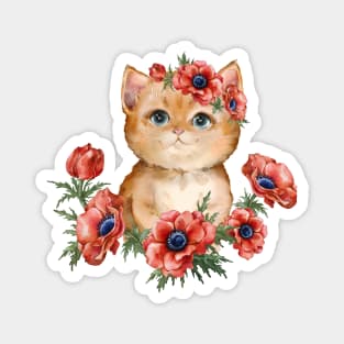 Ginger kitten with anemone wreath Magnet