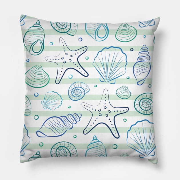 Sea shells illustration. Blue and white with stripes. Summer ocean beach print. Pillow by sziszigraphics