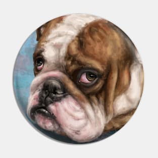 Painting of a Brown and white Bulldog with a Sad Face on Blue Background Pin