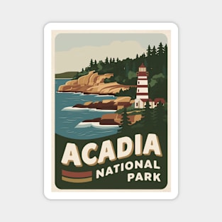 Acadia National Park Retro Illustration of Lighthouse Magnet