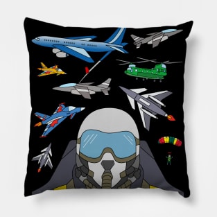 Jet Fighter Pilot with Military Planes and Helicopter Pillow