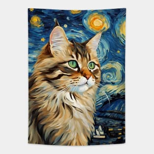 Cute Siberian Cat Breed Painting in a Van Gogh Starry Night Art Style Tapestry