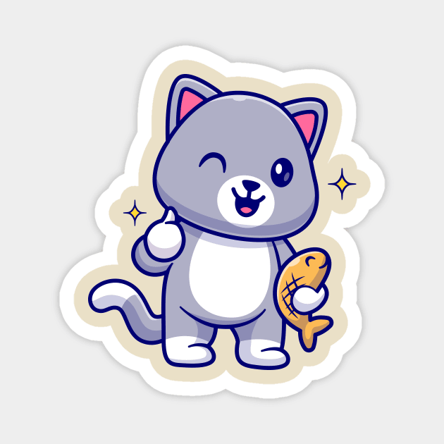 Cute Cat Holding Fish With Thumb Up Cartoon Magnet by Catalyst Labs