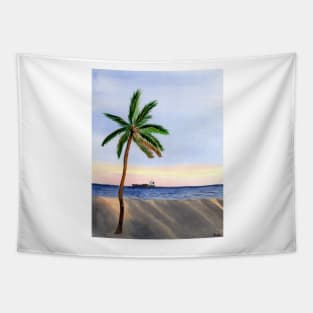 Single Palm Tree at the Beach during sunset Tapestry
