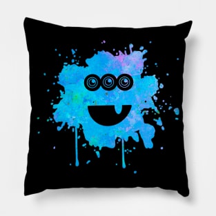 Blue Monster with Three Eyes Paint Splat Pillow