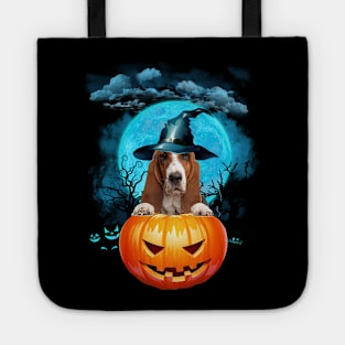 Basset Hound Witch Hat Pumpkin And Blue Moon Halloween Tote