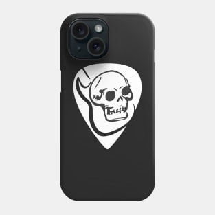 White guitar pick with a dark skull and textured guitar silhouette. Rock/Roll lovers. Phone Case