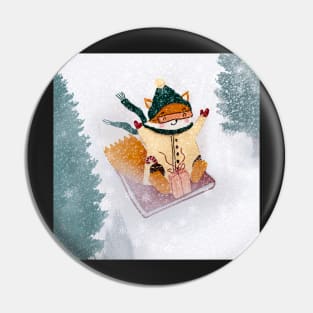 Happy Fox Sliding In The Snow Pin