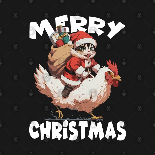 Merry Christmas, Funny Cute Cat on a Chicken by Megadorim