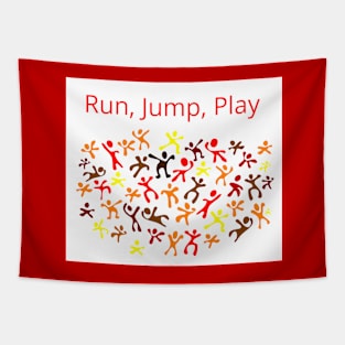 Run, Jump, Play on White with Text Tapestry