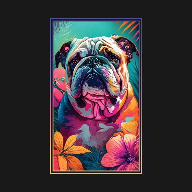 Bulldog Vibrant Tropical Flower Tall Digital Oil Painting Portrait 2 by ArtHouseFlunky