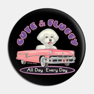 Cute Bichon Frise Driving vintage Classic pink cadillac while shopping Pin