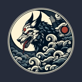 Blue wolf in clouds japanese art T-Shirt