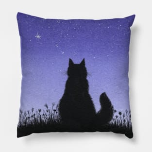 Cat and Stars Blue Watercolor Pillow