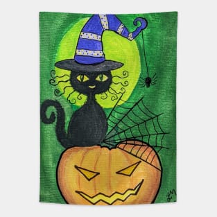 Black cat in purple witch hat on Jack o lantern gouache painting Tapestry