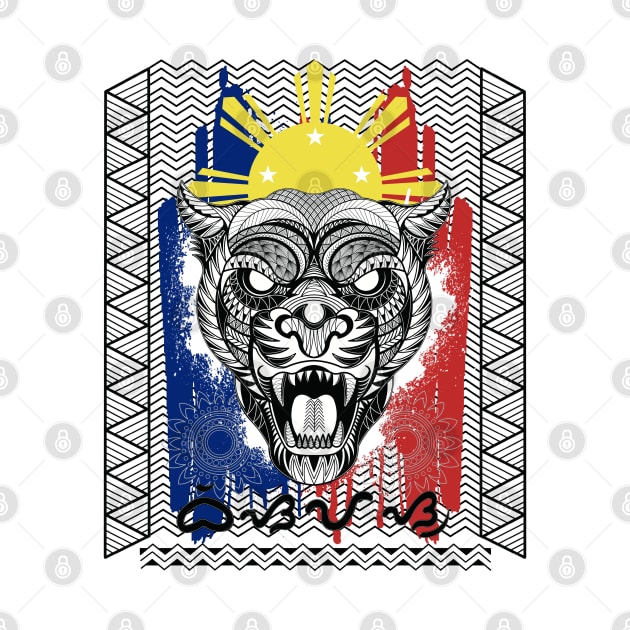 Philippine Flag Tribal line Art Tiger / Baybayin word Bisayas (Visayas) by Pirma Pinas