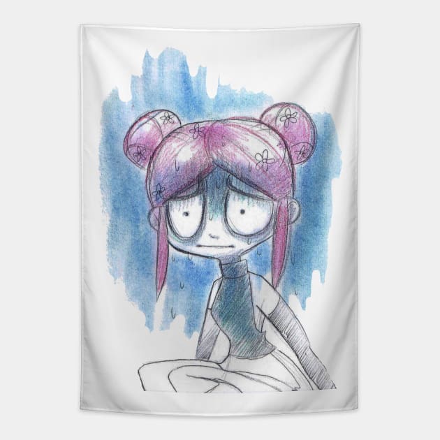 Anxious Girl with Space Buns Tapestry by saradaboru