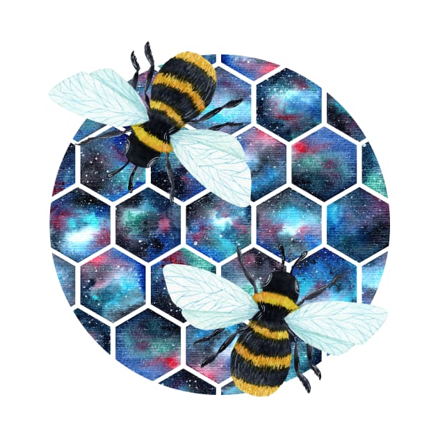 Cosmic watercolor galaxy honeycomb with two space bees by Ieva Li ART