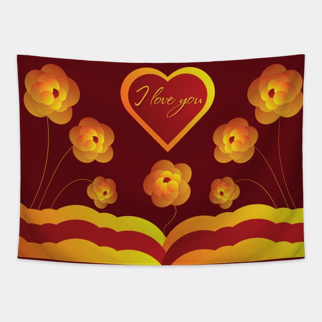 Golden flowers on a red background and a heart with the words "I love you". St. Valentine's Day Tapestry by ClubFate