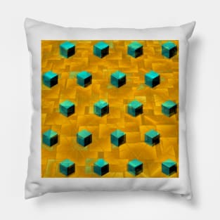 many turquoise cubes on a textured golden background Pillow