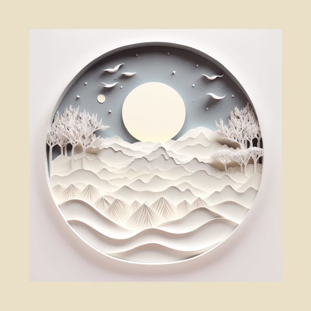 paper quill landscape of big moon over meadows of mountains by UmagineArts