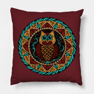Owl Magic Mandala Turquoise Red and Gold Pillow