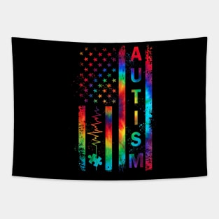 American Flag Autism Awareness Teacher Mom Support Tie Dye Shirt Tapestry