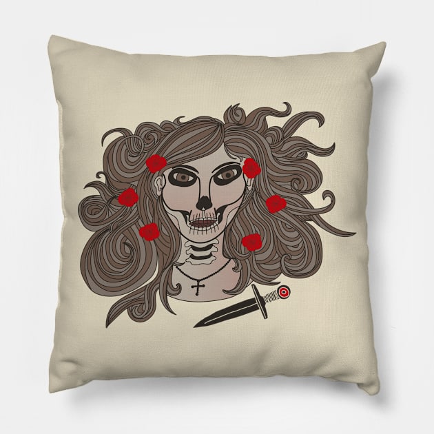 Hand Drawn La Catrina With Cross, Dagger And Roses (Dark) Pillow by Graograman