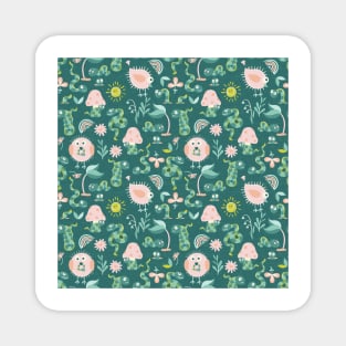 Cute Little Green Worms and Pink Birds in Outdoor Nature Magnet