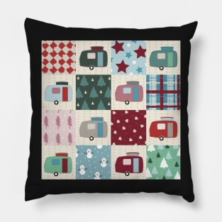 Colourful Winter Patchwork of Vintage Caravans Pillow