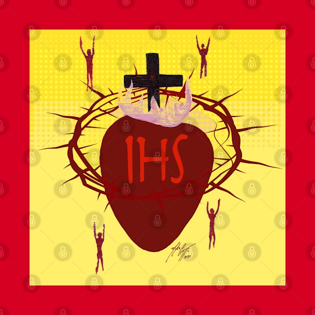 Sacred Heart of Jesus with Christogram on Yellow by MikeCottoArt