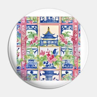 Preppy trellis chinoiserie pagodas, flowers and birds Pin