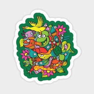 A funny crowd of colorful creatures living in a pond Magnet
