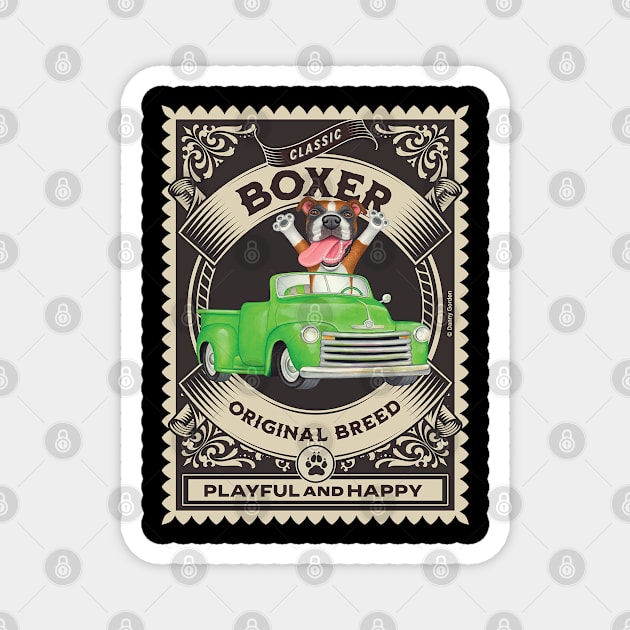 Fun Boxer Dog in green truck inside golden circle Magnet by Danny Gordon Art