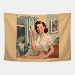 Vintage Fusion Retro Selfie Smartphone Pin Up Girl Tapestry