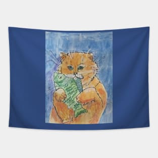 Cat Holding Fish Tapestry