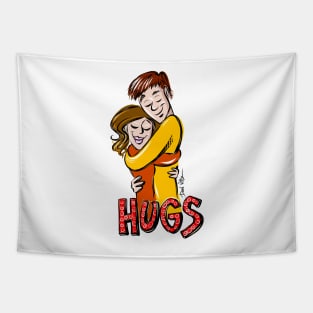 Male and female hugging with Hugs as text Tapestry