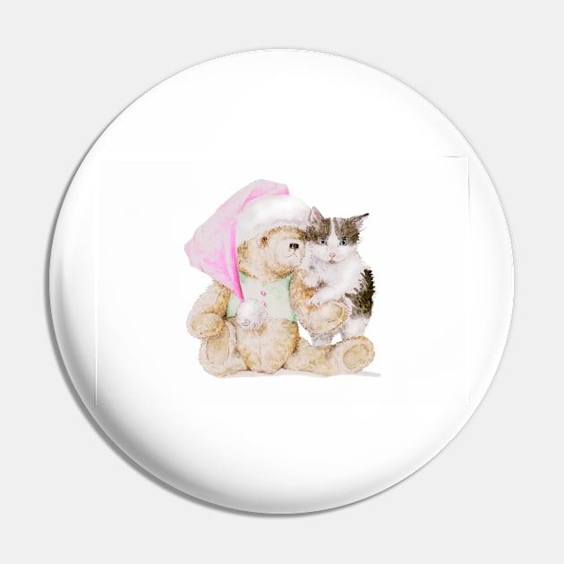 Kitten and Teddy in Santa Hat Pin by wanderinglaur