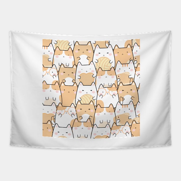Kawaii Cute Cats Pattern Orange Tapestry by chimmychupink