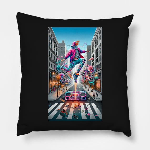 Boombox Leap: The Urban Symphony of Street Beats Pillow by heartyARTworks