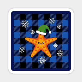 Kawaii Xmas Starfish on Blue Buffalo Pattern Magnet