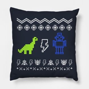 Dino Vs. Robot Ugly Christmas Sweater Pillow